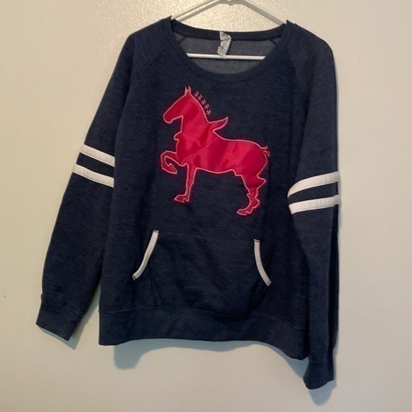 Enza Embroidered Hot Pink Horse Striped Long Sleeve Pocket Sweatshirt Lg